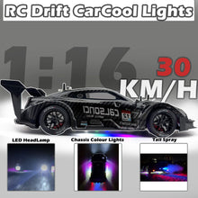 Load image into Gallery viewer, 1:16 RC Drift Car 2.4GHz Spray 4WD LED Lights 30+KM/H High Speed Remote Control Car 2 Batteries 60Min Infinitely (Black 1:16)
