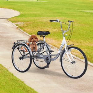 24-inch Adult Tricycle, 3-Wheel Cruiser Bike, 3-Wheel Bike, Front V-Brake, High-Strength Steel Frame, Silver