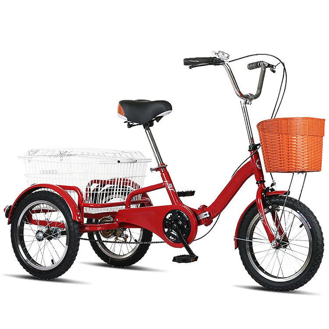 Red, Style 2, Adult Tricycle,16 inch 3-Wheels Trike Bicycle Lightweight Foldable Bikes for The Elderly, Human-Powered Pedal Tricycle