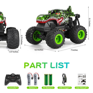 Remote Control Car, 2.4Ghz All Terrain Dinosaur Monster Truck Toys, RC Truck with Music, 3 Lighting Effects, 360 Stunt (Green)