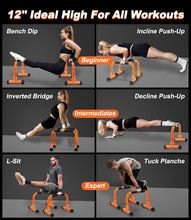 Load image into Gallery viewer, TABEKE Push Up Bar, 12" High Parallettes Bars &amp; Dip Bar - Orange
