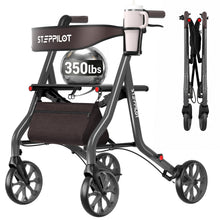Load image into Gallery viewer, StepPilot Zero Wobble Rollator Walker with Seat for Seniors, 350lb Capacity, 18" Extra Wide Seat, 8" Wheels &amp; Dual Brake, One-Hand Folds to 9.6", 7-Level Handle Adjustable, Cup Holder &amp; Cane Clip
