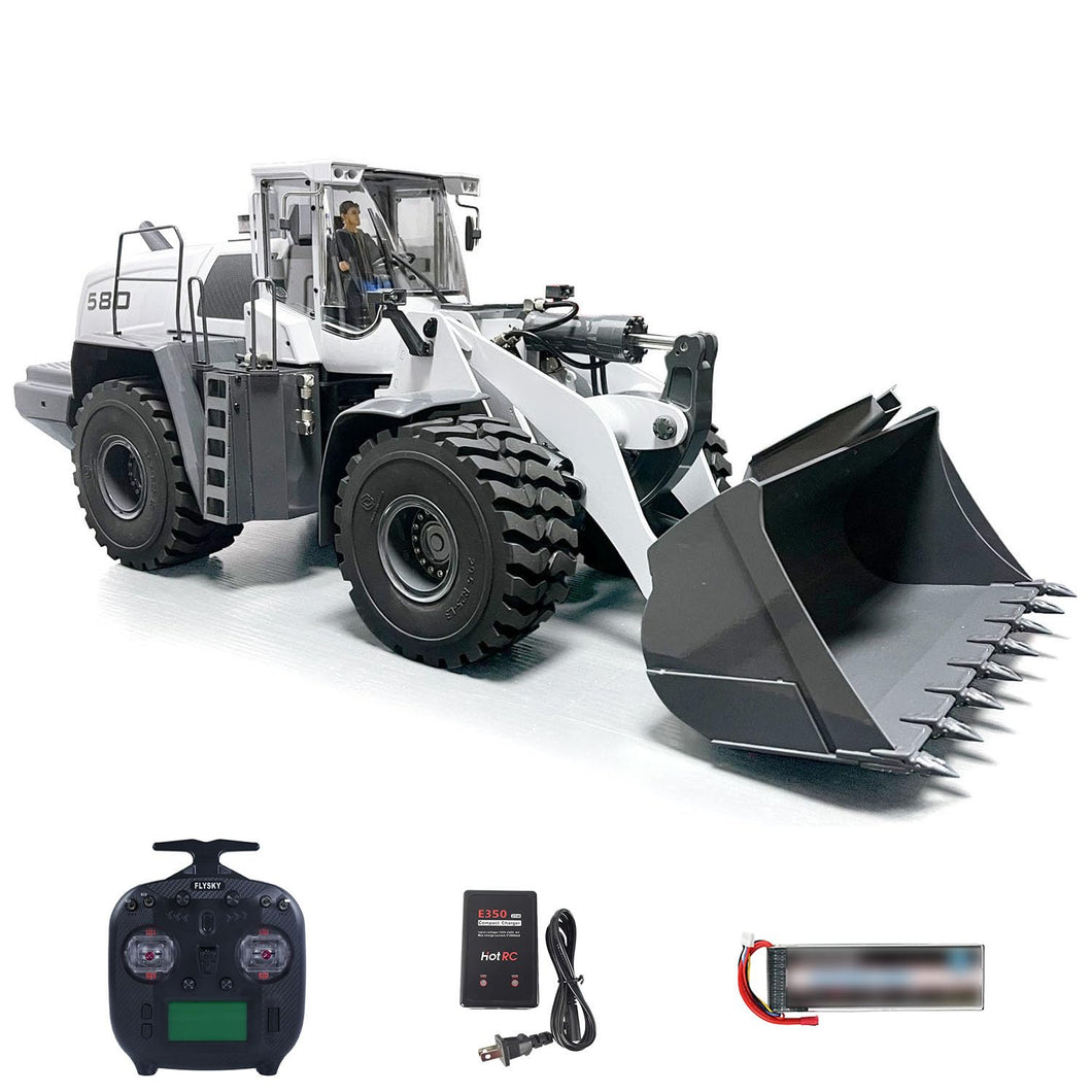 1/14 RC Hydraulic Wheeled Loader 580 RTR RC Construction Vehicle 4-Way Reversing Valve (White-with-Smoke)