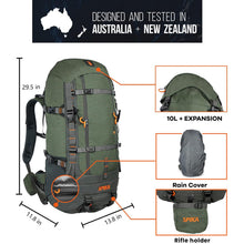 Load image into Gallery viewer, SPIKA Hunting Backpack Internal Frame for Men Waterproof Hunting Pack with Rifle Holder Rain Cover Extendable 80L+ Capacity
