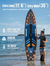 Load image into Gallery viewer, SOLAVERO Inflatable Stand Up Paddle Board with Premium SUP Accessories &amp; Kayak Seat, Wide Stable Anti-Slip EVA Deck, 11'6" Inflatable Paddleboard for Adults &amp; Youth of All Skill Levels (Cobalt Sail)
