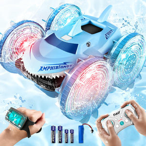 Amphibious Waterproof Remote Control Boat RC Car Monster Truck with Lights 4WD Gesture Hand Controlled, Blue