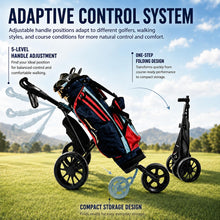 Load image into Gallery viewer, JANUS Pace Golf Push Cart with 360° Rotating Phone Holder, 3-Wheel Foldable Golf Cart with One-Click Folding, Wide EVA Wheels, Foot Brake, Adjustable Handle, Cooler Bag &amp; Scorecard Console
