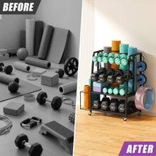 Load image into Gallery viewer, VOPEAK Dumbbell Rack for Home Gym, Adjustable Weight Rack Stand with Wheels, Heavy Duty Steel Storage Organizer for Dumbbells Kettlebells Yoga Mat, with Locking Casters &amp; Side Hooks
