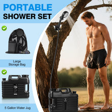 Load image into Gallery viewer, Portable Camping Shower with 5 Gallon Water Jug, 6000mAh Rechargeable Outdoor Camping Shower Kit, IPX7 Waterproof Pump BPA Free Water Containers Camp Essentials Black
