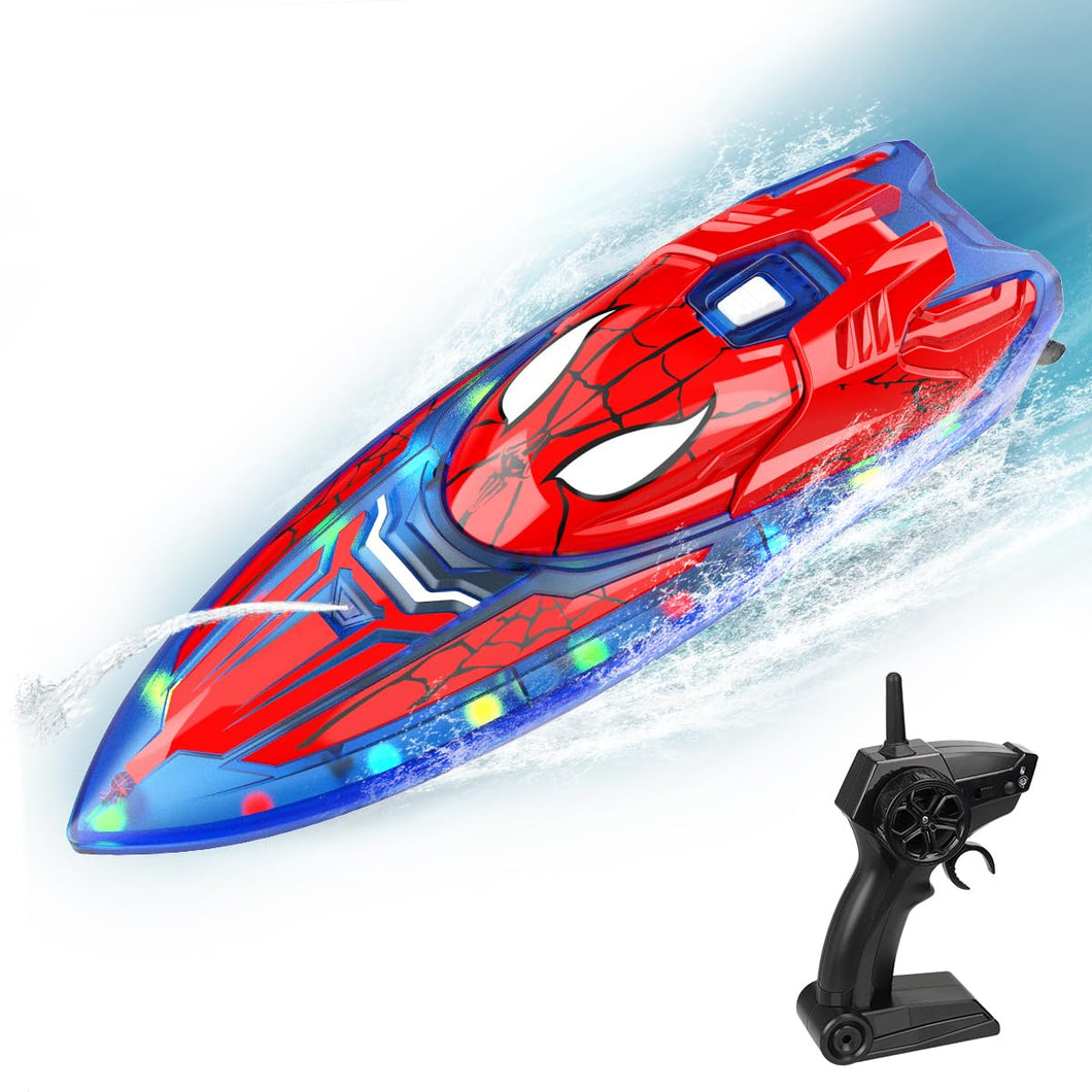 Spider Hero RC Boat, 2.4GHz Remote Control Boat with LED Lights for Kids, Pool Toy with 2 Rechargeable Batteries