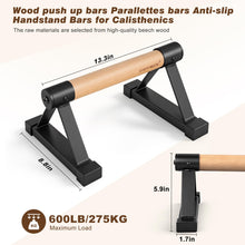 Load image into Gallery viewer, EVERYMATE Wood Push Up Bars Parallettes Bars with Rubber Feet, Anti-slip Handstand Bars for Calisthenics, Equipment for Home, Push Up Handles for Floor, Handstand Push Up Handles, Support 600 LB
