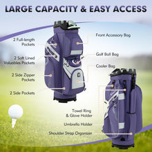 Load image into Gallery viewer, Tangkula Golf Cart Bag with 14-Way Full Length Dividers, 6 Molded Lock Top Golf Club Bag with 11 Pockets, Cooler Bag, Padded Strap, Handles, Umbrella Holder &amp; Rain Hood (Purple)
