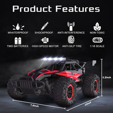 Load image into Gallery viewer, 1:16 Scale Remote Control Car, 20 Km/h High Speed Remote Control Truck Off Road RC Monster Vehicle with LED
