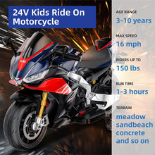 Load image into Gallery viewer, Licensed 24V Kids Electric Motorcycle for Kids, Speed Up to 5mph Ride-On Motorcycle (Normal Motors - 24V, Blue)
