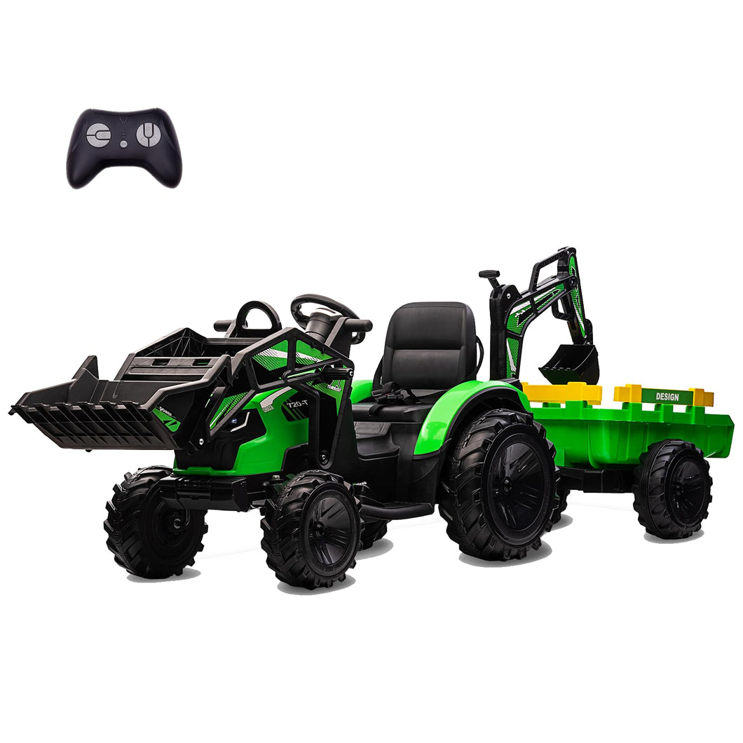 3 in 1 Kids Ride on Tractor, Excavator & Bulldozer, 24V Electric Vehicles w/Trailer, Shovel Bucket, Digger, Remote Control, Green