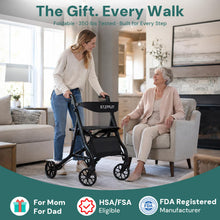 Load image into Gallery viewer, StepPilot Zero Wobble Rollator Walker with Seat for Seniors, 350lb Capacity, 18" Extra Wide Seat, 8" Wheels &amp; Dual Brake, One-Hand Folds to 9.6", 7-Level Handle Adjustable, Cup Holder &amp; Cane Clip

