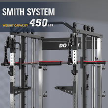 Load image into Gallery viewer, DONOW Smith Machine with Weight Stacks, Power Cage Home Gym System with LAT Pulldown Cable Crossover Multi-Functional Trainer with Dual Pulley System with Weight Bench Cast Iron Weight Plates 240lbs
