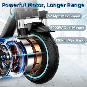 6000W Electric Scooter, 50Mph Top Speed, 70 Miles Range, 60V/35Ah Large Battery, 11" Off Road Tires, 330Lbs Max Load