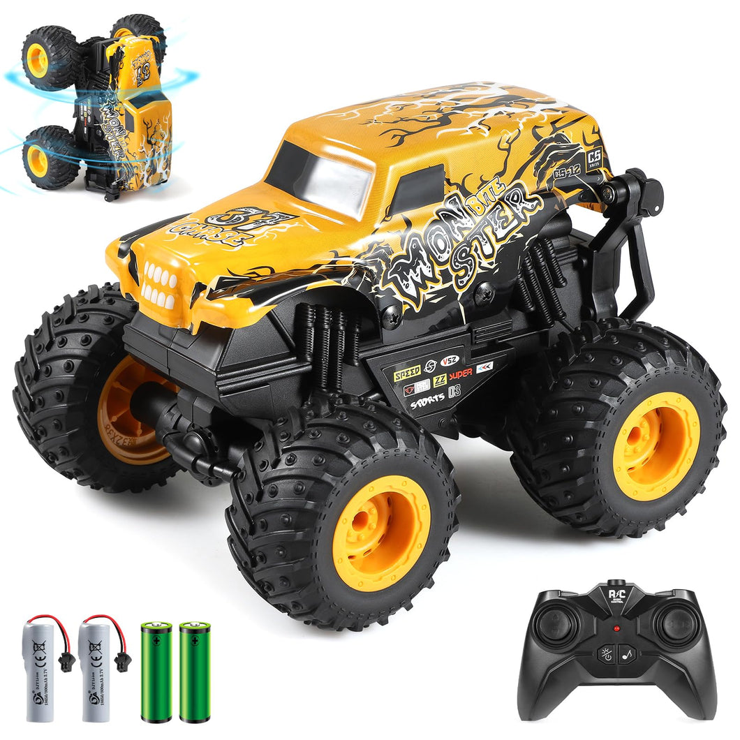 Remote Control Car, 2.4Ghz All Terrain Monster Truck Toys, RC Truck with Music, 3 Lighting Effects, 360 Stunt (Yellow)