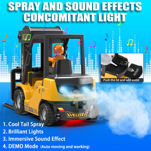 RC Forklift Toy with Trailer, Kids Forklift Construction Toys Set with Flatbed Truck & Crane Toy Hook, 2 Battery/Spray/Light