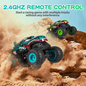 Remote Control Car, 2.4Ghz All Terrain Dinosaur Monster Truck Toys, RC Truck with Music, 3 Lighting Effects, 360 Stunt (Green)