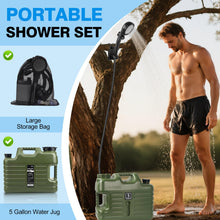 Load image into Gallery viewer, Portable Camping Shower with 5 Gallon Water Jug, 6000mAh Rechargeable Outdoor Camping Shower Kit, IPX7 Waterproof Pump BPA Free Water Containers Camp Essentials Green
