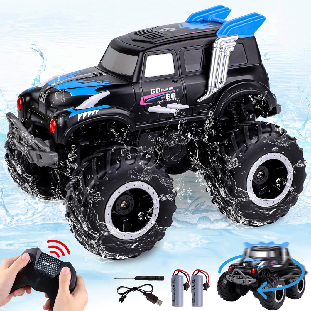 Amphibious Remote Control Cars, 1/20 Stunt RC Rock Crawler Monster Truck Toy with Two Alternative Rechargeable Batteries, Blue