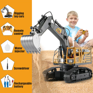 Remote Control Excavator Toys for Boys,14 Channel RC Digger Construction Toys Tractor, Simulated Smoke, Sound, Lighting, Metal Digging Head