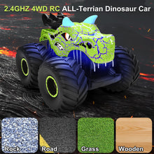 Load image into Gallery viewer, Remote Control Dinosaur Car Toys for Kid Boys, 2.4GHz RC Monster Truck Toys with Spray, Light, Sound (Green)
