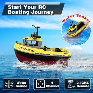 RC Boat, 1/72 RC Tugboat for Pools and Lakes, High-Speed Remote Control Boat with 40 Mins Play Time and Low Battery Reminder