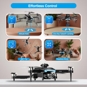 F19 Drone With 1080p HD FPV Camera, 20 Min Flight 360° Flips Brushless Motor RC Quadcopter With Altitude Hold, Obstacle Avoidance, 2 Batteries