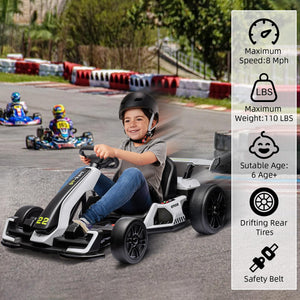 24V Electric Go Kart,300W Powerful Drift Kart for Kids, Electric Pedal Kart, with 300W Strong Motor-White