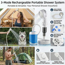 Load image into Gallery viewer, Cprnru Portable Shower for Camping, Rechargeable Camping Shower Pump with 3 Spray Modes, Outdoor Shower Kit with Suction Mount &amp; Mesh Bag for Travel, Pet Bath, RV Car Wash, Backyard Watering
