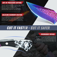 Load image into Gallery viewer, Premium Hunting Knife with Leather Sheath, 4.2" Damascus Style Fixed Blade Knife, Rainbow Titanium Coated German High Carbon Steel, Two-Tone Wood Handle,Unique Outdoor EDC Knife Gift for Men and Women (Dazzling colors) (New Dazzling Colors)
