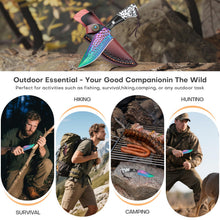 Load image into Gallery viewer, Premium Hunting Knife with Leather Sheath, 4.2" Damascus Style Fixed Blade Knife, Rainbow Titanium Coated German High Carbon Steel, Two-Tone Wood Handle,Unique Outdoor EDC Knife Gift for Men and Women (Dazzling colors) (Rainbow-color)
