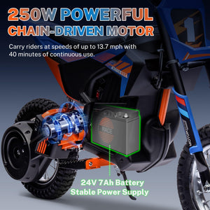 24V Electric Dirt Bike, Boys & Girls Ride on Electric Motocross Off-Road Bike w/Twist Grip Throttle, 250W Chain-Driven Motor (Blue)