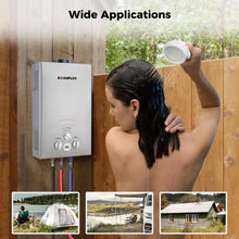 Load image into Gallery viewer, CAMPLUX Portable Tankless Water Heater 55,000 BTU, 2.11 GPM Propane Water Heater for Camping, RV, Outdoor, Battery Operated with Handle, Gray, BW211G
