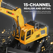 Load image into Gallery viewer, 21&quot; Large Remote Control Excavator Toy with Metal Bucket &amp; Dozer Blade, 15-Channel RC Excavator Toys, 120+Mins/Spray/Sound/Light
