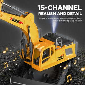 21" Large Remote Control Excavator Toy with Metal Bucket & Dozer Blade, 15-Channel RC Excavator Toys, 120+Mins/Spray/Sound/Light