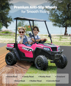 24V Ride on Toy for Big Kid,Ride on Car 2 Seater w/Sun Shade,Dump Bed & Shovel,4.5MPH,4WD Electric Car, Pink