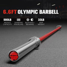 Load image into Gallery viewer, RitFit Elite 6.6ft Olympic Barbell, Robust 33lb Barbell for Weightlifting and Powerlifting, Superior Olympic Bar with Exceptional 900lbs Load Capacity, Weight Bar for 2” Standard Plates Sliver/Red
