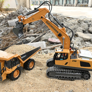 Remote Control Excavator Toys for Boys Turns 680-degree 2 Batteries Metal Shovel Lights/Sounds Construction Toys
