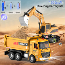 Load image into Gallery viewer, Remote Control Excavator and Dump Truck Toy Set - RC Construction Vehicles Toy with Barricades, Road Signs, Simulated Rocks
