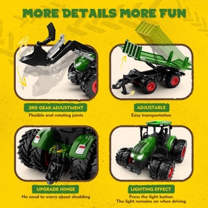 Remote Control Tractor Toy, Kids RC Tractor Set & Truck and Trailer Front Loader - Metal Car Head/8 Wheel/Light, Toddlers Farm Vehicle Toys