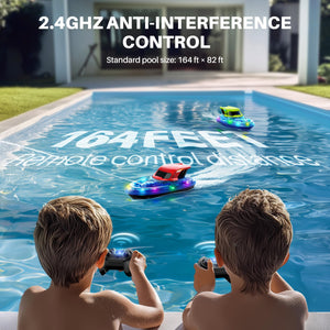 RC Boats 2 Pack for Kids 8-12, Remote Control Boat for Pool with LED Lights, 40 Mins Playtime (2 Batteries) & One-Key Water Spray