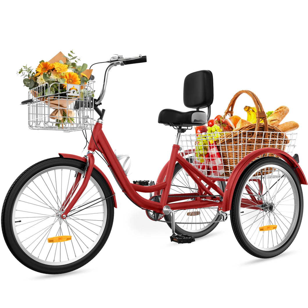 24 26 Inch Adult Tricycle, Single Speed 7-Speed 3-Wheel Bike for Adults, Trike for Women Men with Detachable Front and Rear Baskets