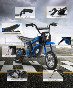 Electric Dirt Bike, 24V Ride on Toys for Big Kids, 350W Kids Motorcycle with Music & Bluetooth, 15.5 mph & 150lb Max-Blue