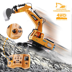 Remote Control Excavator Construction Toys for Boys, 16 Channel RC Engineering Vehicle with Metal Shovel & Light, 2.4G 1/16 Scale