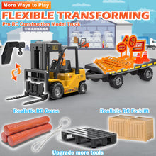 Load image into Gallery viewer, RC Forklift Toy with Trailer, Kids Forklift Construction Toys Set with Flatbed Truck &amp; Crane Toy Hook, 2 Battery/Spray/Light
