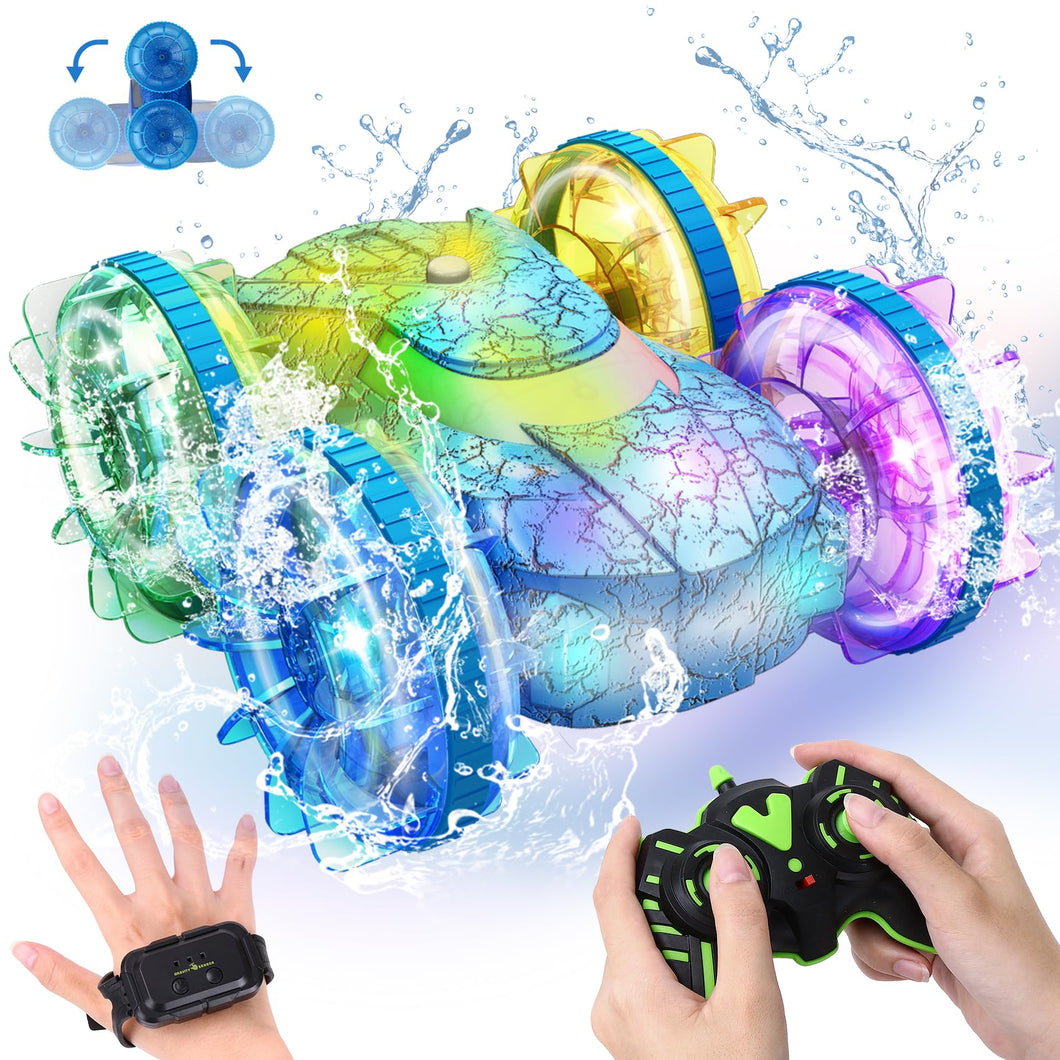 Amphibious Remote Control Car Boat,2.4Ghz 360° Rotation Gesture Sensing Stunt RC Cars,4WD Waterproof RC Trucks, Water Beach Pool Toys